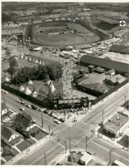 Black and white arial picture of the 1956 Calgary Stampede grounds