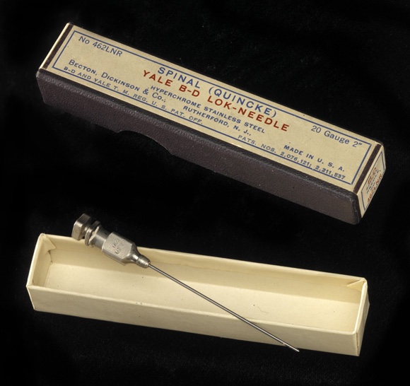 A picture of a large bore spinal syringe needle